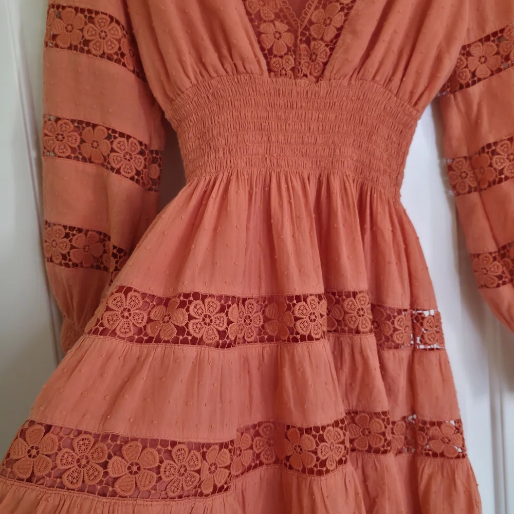 Organge Lace Cottagecore Mini Dress Long Sleeves Romantic Boho Prairie Smocked - Picture 3 of 10